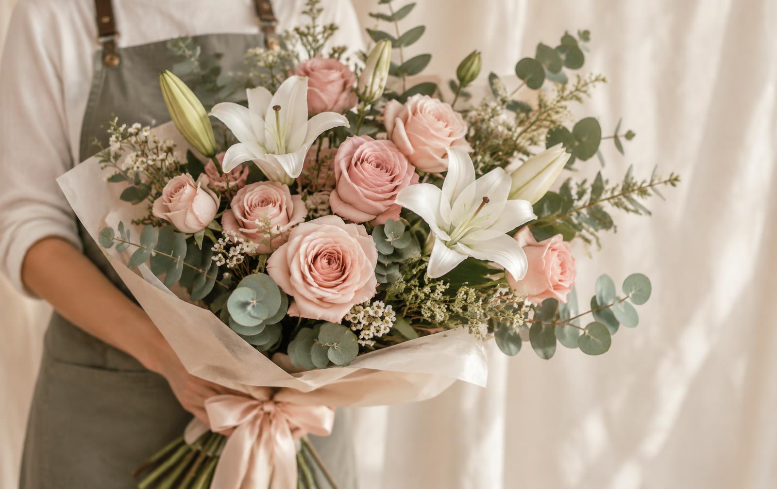 Fleuriste tenant un bouquet de roses blush, lys blancs et eucalyptus à Rabat